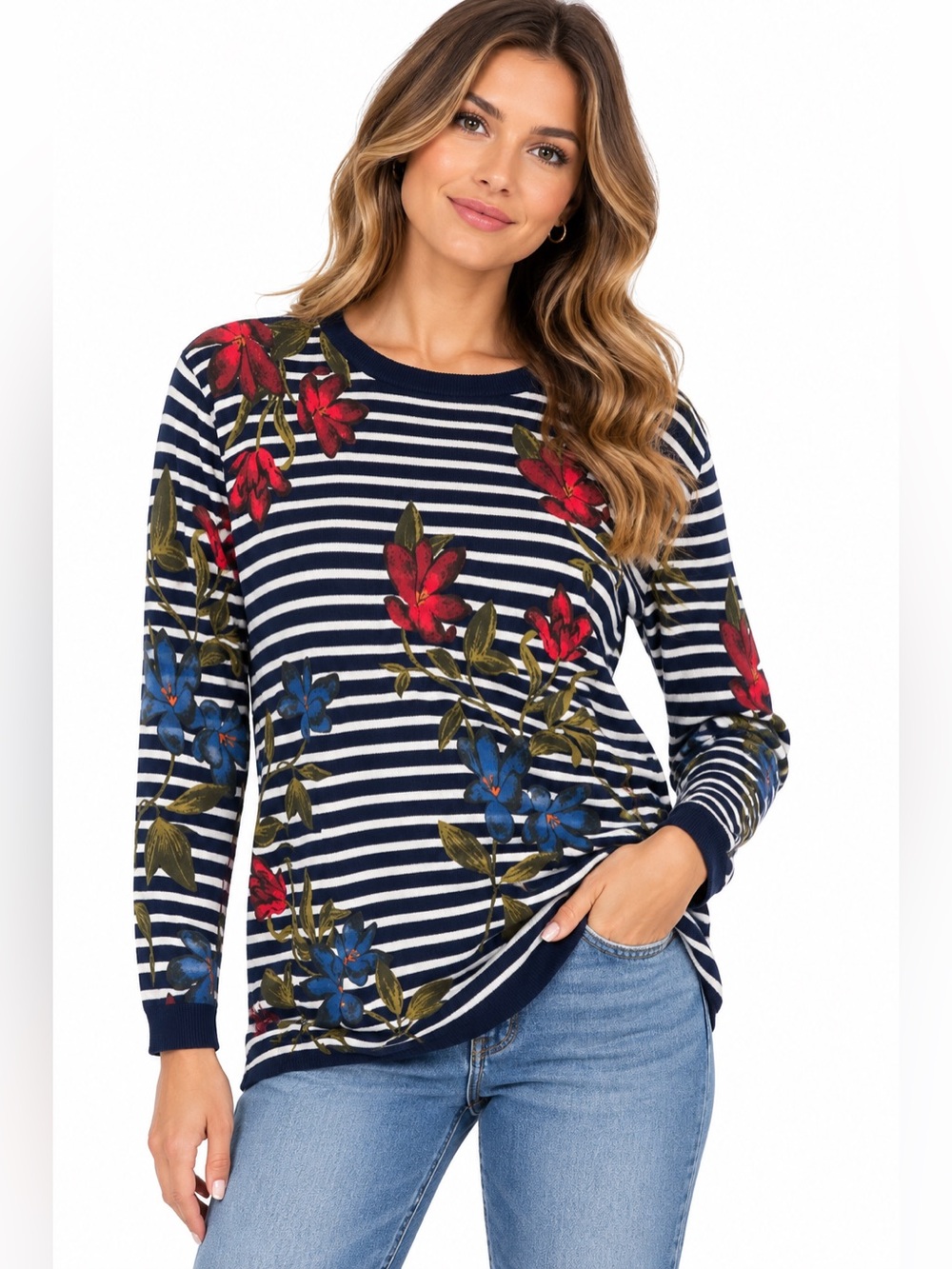 Ralph Lauren Size Large Striped Navy Floral Long-Sleeve Top